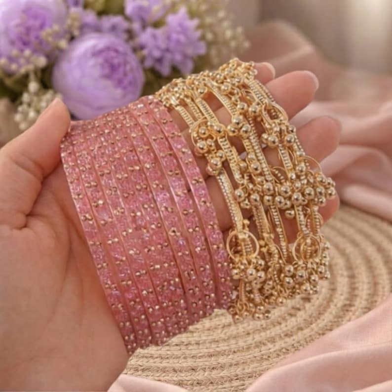 12 Viral Pink Kashmiri Glass Bangles Set  with 4 Golden Ghungru