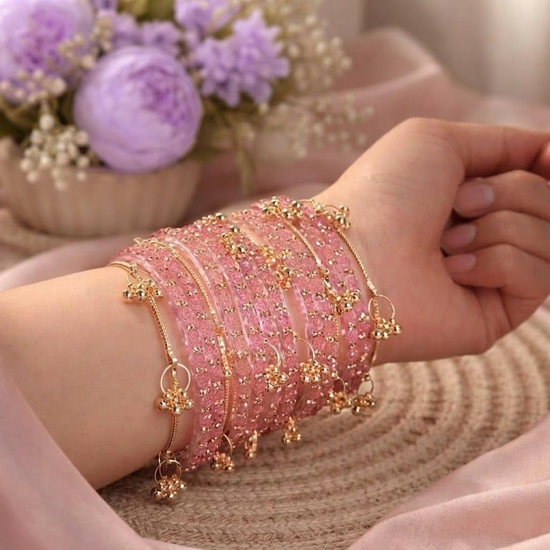 12 Viral Pink Kashmiri Glass Bangles Set  with 4 Golden Ghungru