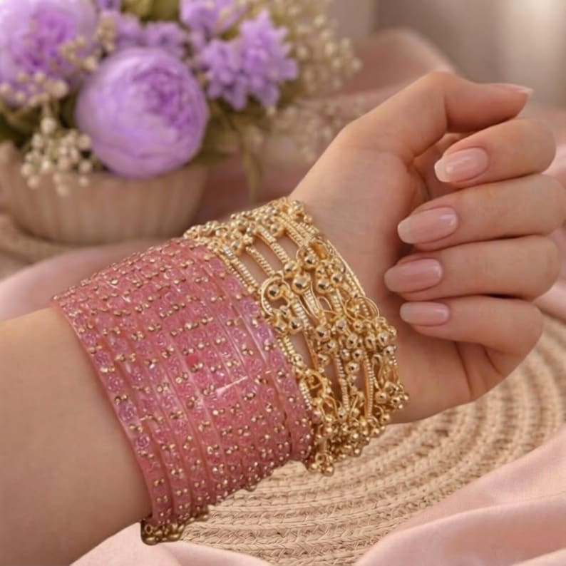 12 Viral Pink Kashmiri Glass Bangles Set  with 4 Golden Ghungru