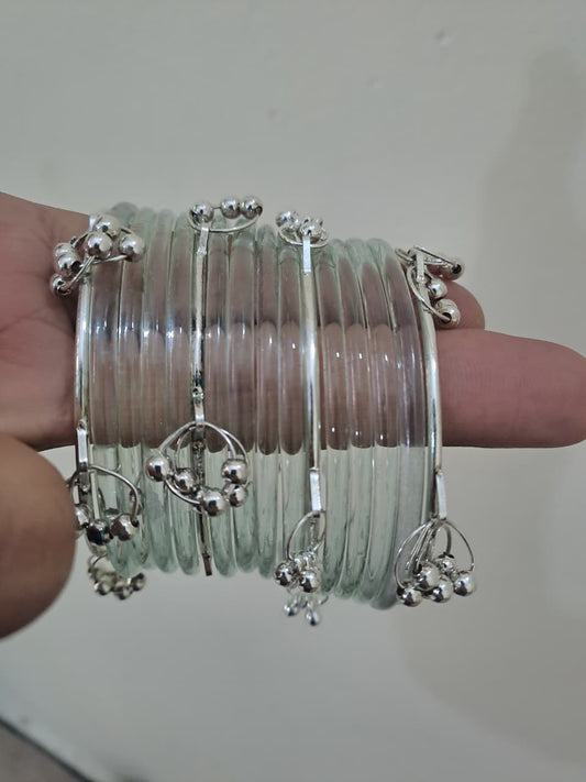 12 Premium Indian Transparent kaanch Jelly Bangles with 4 Silver Kashmiri Ghungru