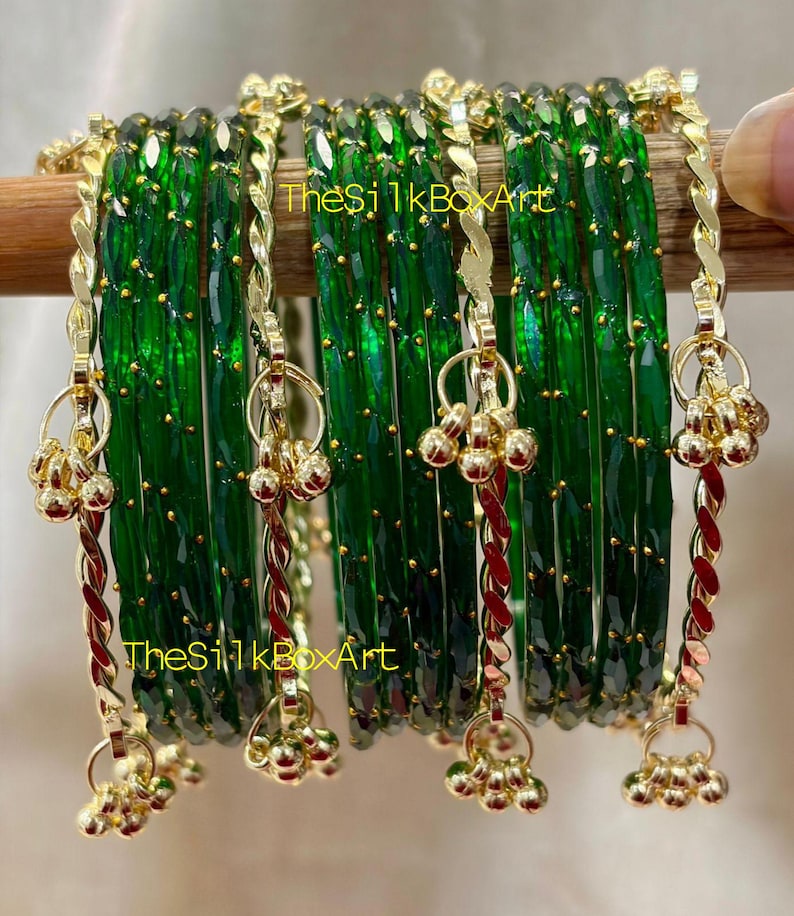 Original 12 Raindrop Glass Bangle with 4 Golden Kashmiri ghungroo
