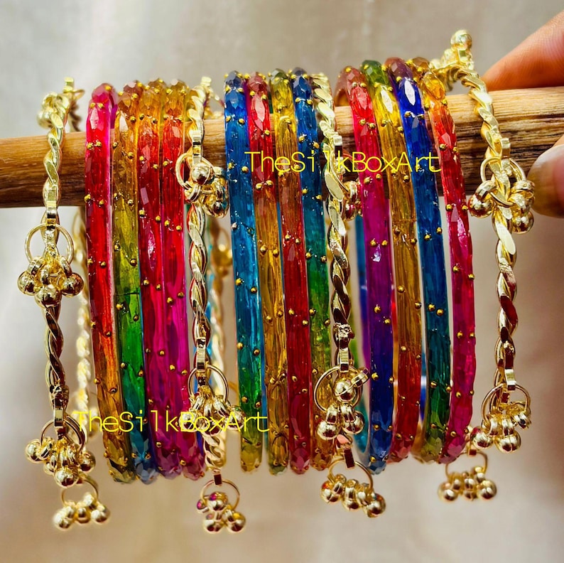 Original 12 Raindrop Glass Bangle with 4 Golden Kashmiri ghungroo