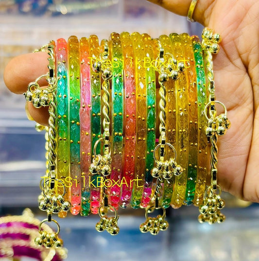 Original 12 Raindrop Glass Bangle with 4 Golden Kashmiri ghungroo